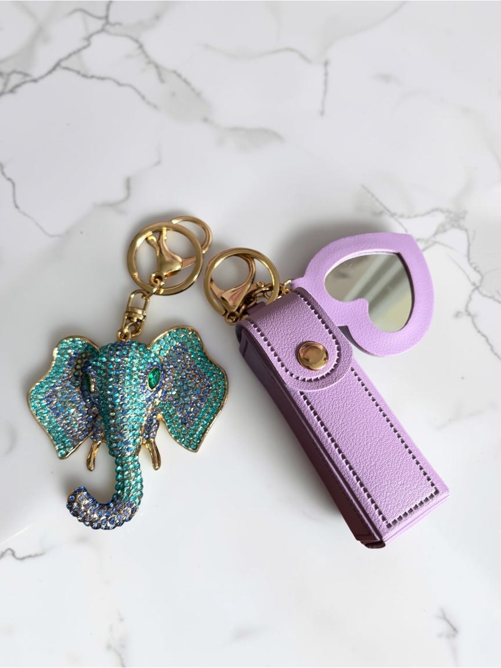 Purple Heart Mirror Keychain with Blue Crystal Elephant Charm - Picture 2 of 3